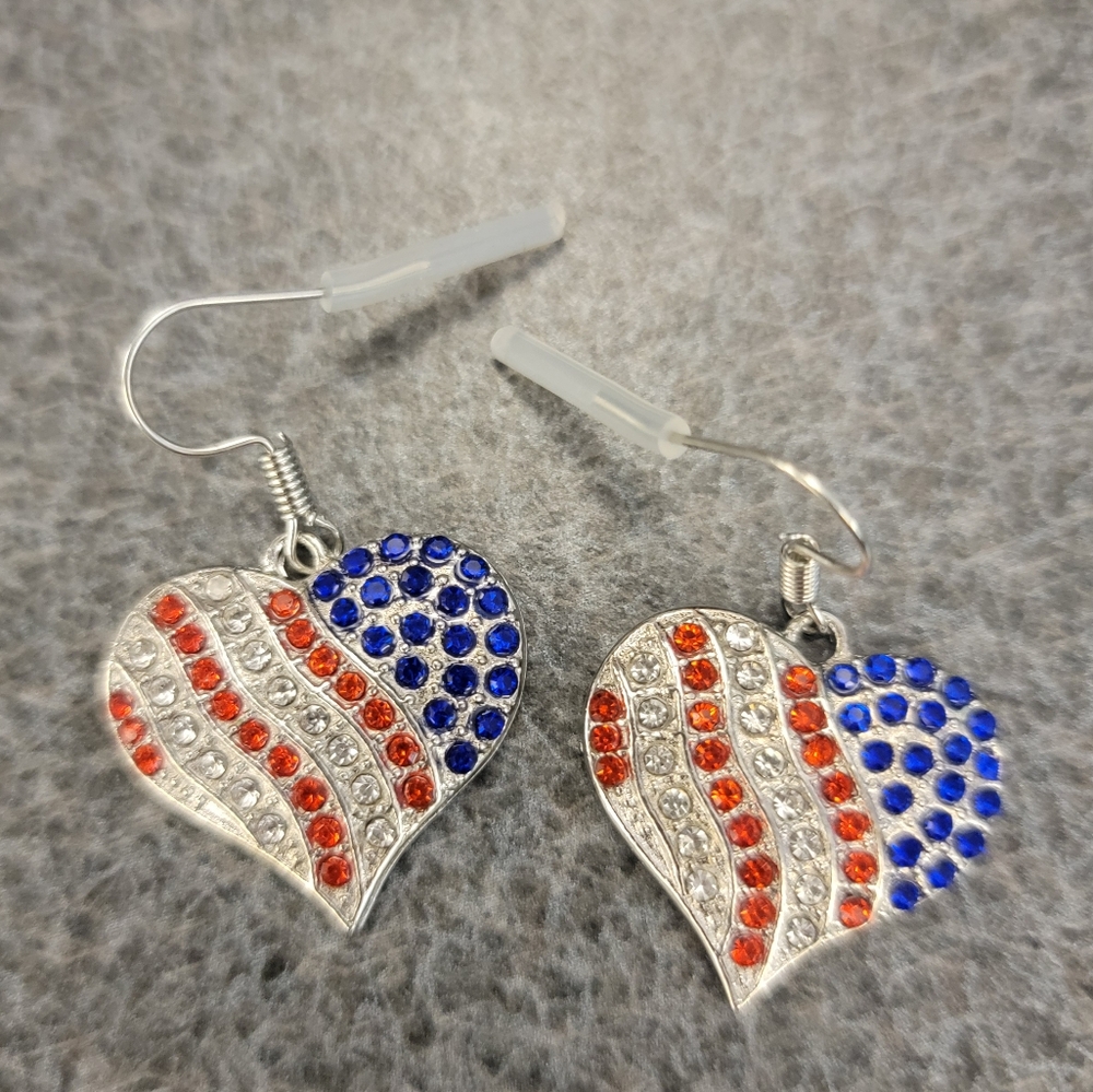 Patriotic Heart Earrings in Red, Blue, and Silver